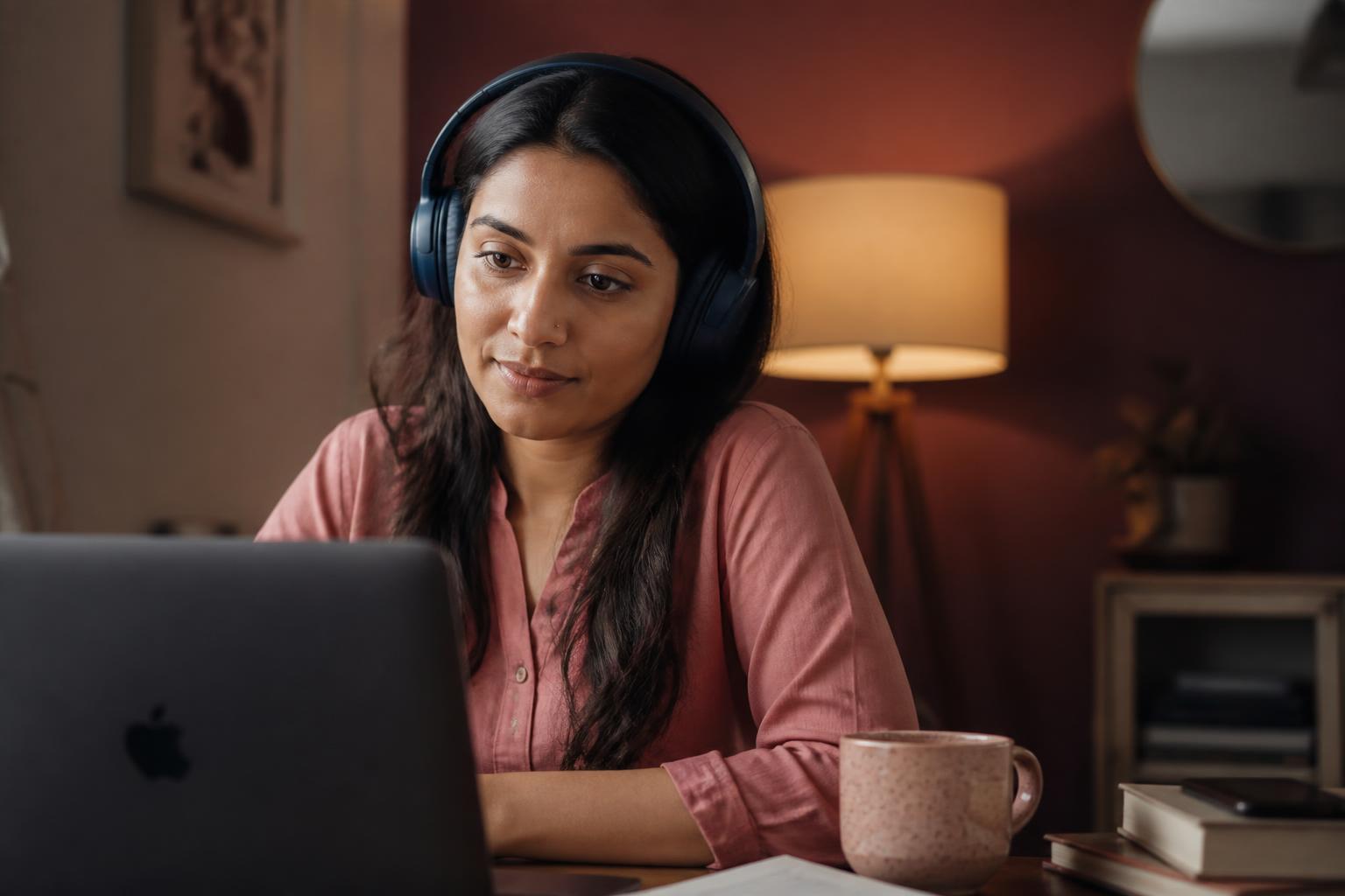 An Indian woman at home on a video call from her living room, listening calmly
