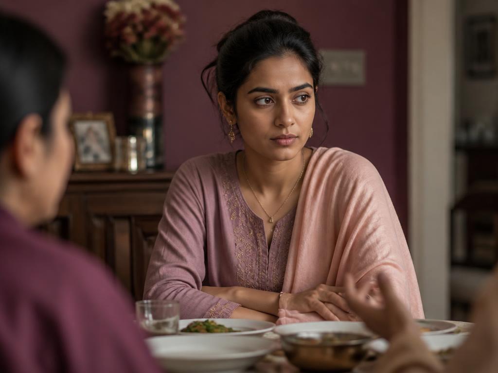 An Indian woman serving dinner to her family at home