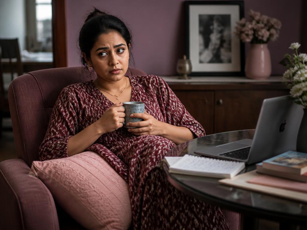 An Indian woman sitting alone on her balcony with tea and an unopened book