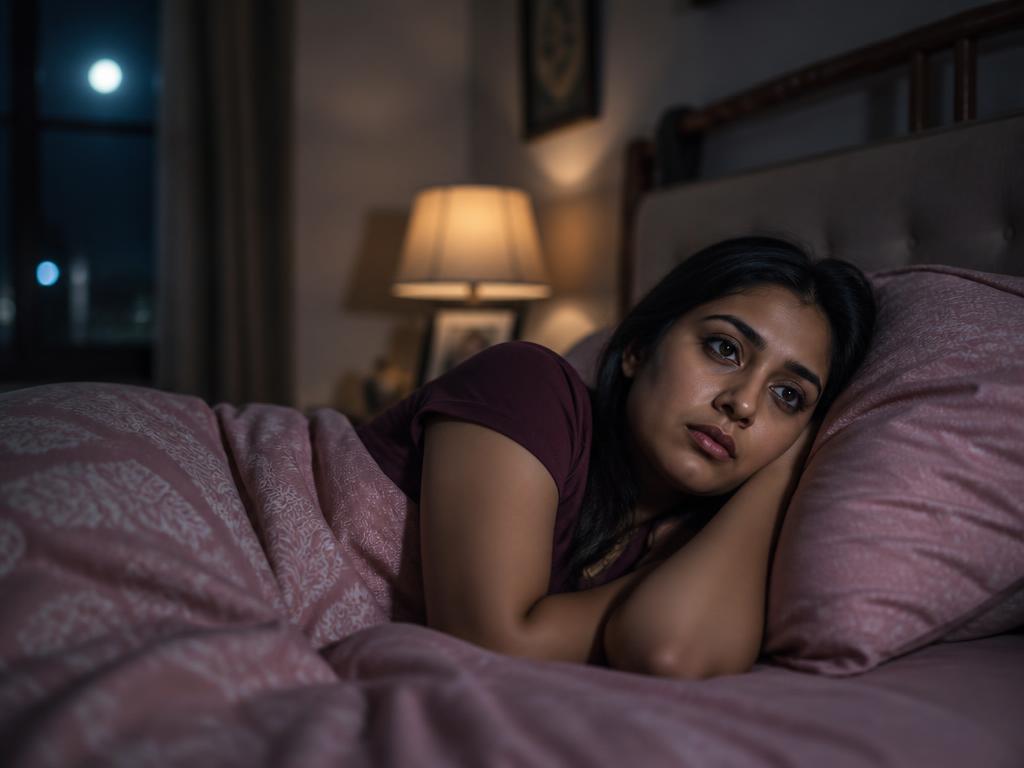An Indian woman sitting on the edge of her bed late at night, shoulders lowered